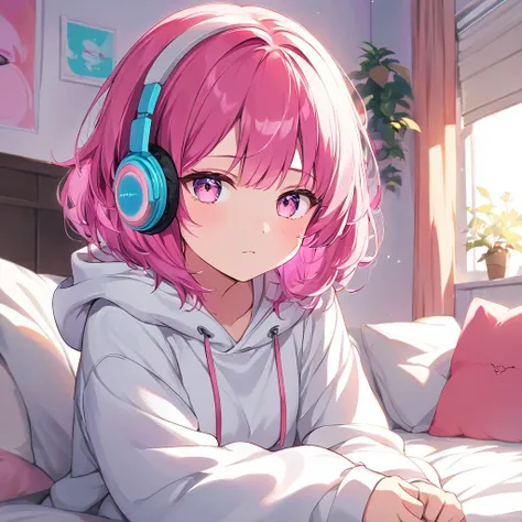 1 girl, pink eyes, pink hair, long hair, white hoodie, cute headphones