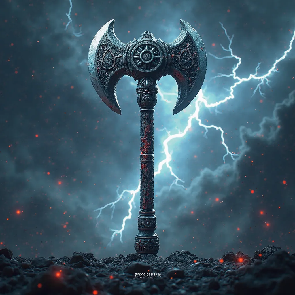 Masterpiece HD image of Thor's axe from Marvel with the word pokepixel crafts with thunder and lightning in the background