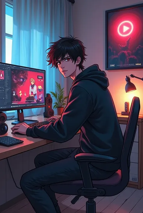 
creating for character:- "Create a anime boy who have a  mature looking like a man facing in front  he is a  YouTube content creator, sitting in his studio with futuristic gadgets, and there is mic near him ,wearing black hoodie, YouTube King master hoodi...