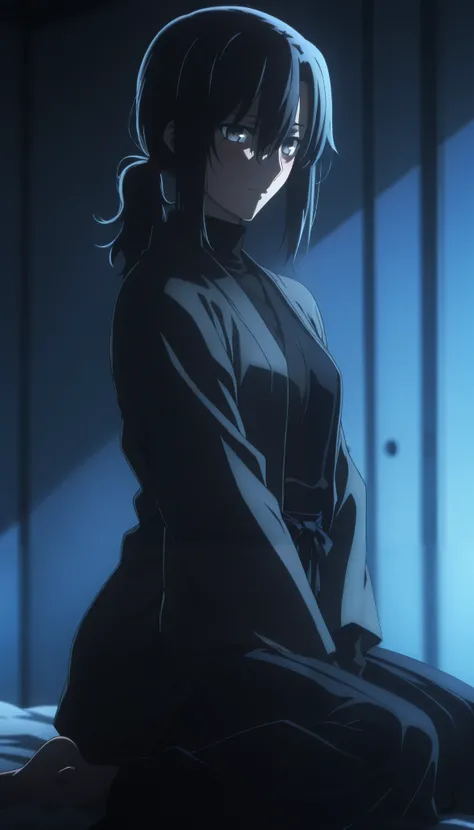 masterpiece, best quality, amazing quality, highres, absurdres, very aesthetic, high resolution, ultra detailed, perfect details, midnight, , upper body, indoors, ufotable style, ((blue hour)), (from side),
1girl, solo, ufotable style, anime style, (a...