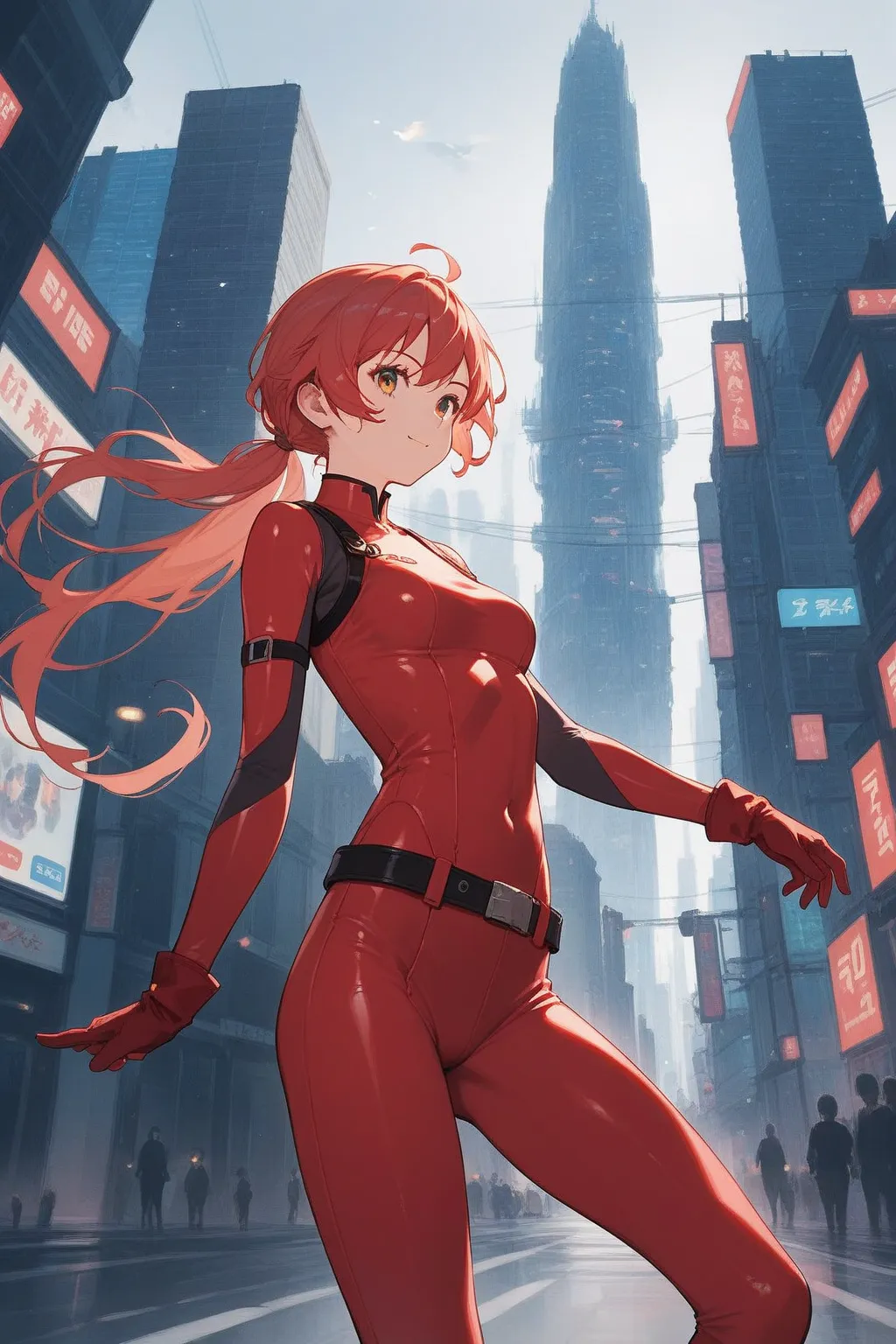 score_9, score_8_up, score_7_up, source_anime, city, solo, 1girl, (She wears bodysuit, red gloves, belt)), 