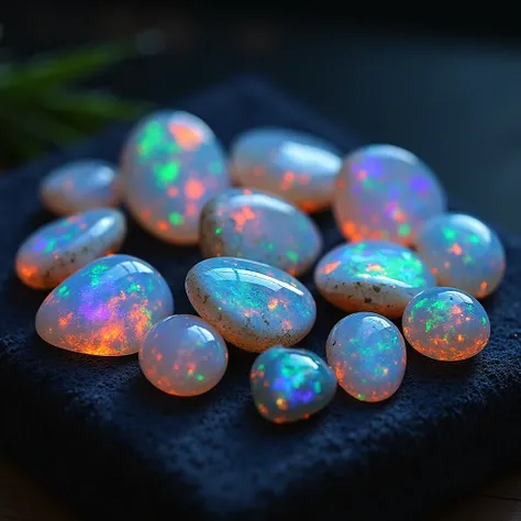 Here’s a detailed image prompt for **Opal stones** in 8K quality:  

"A mesmerizing collection of **Opal stones**, glowing with a stunning play of colors, including deep blues, fiery oranges, electric greens, and shimmering purples. Each stone is unique, w...