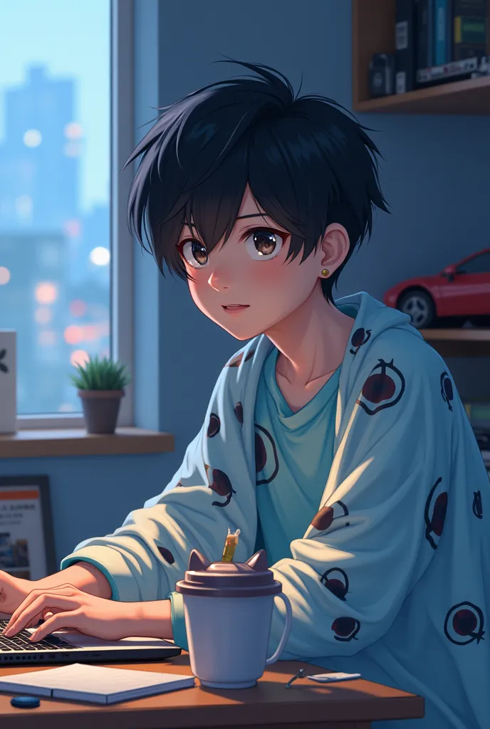 "A handsome young asian with short hair messy black is sitting at a desk. He is wearing a light blue shirt with anime motifs and is clad in a large eye-patterned blanket. on the table , there is a laptop, pain, notebook, and a cup with a cat-shaped lid con...