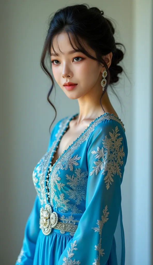 Woman wearing kebaya beautiful realistic beautiful sexy blue