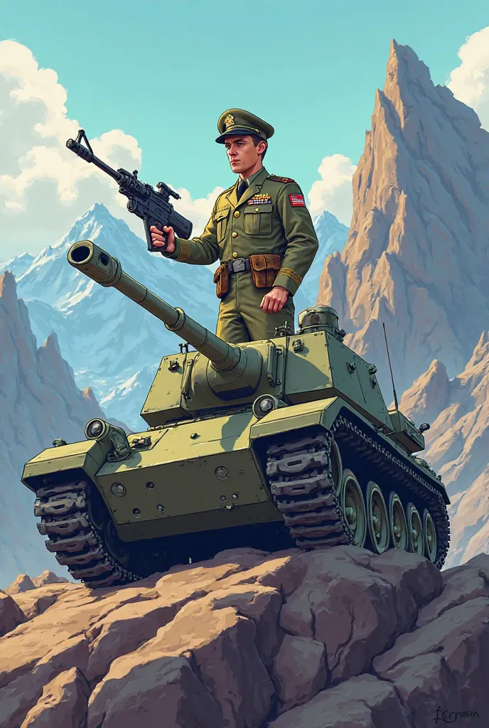 No. 5
He wears a military uniform and carries a gun
On top of a tank
And a tank on a mountain
Cartoon firearm rocky mountain

