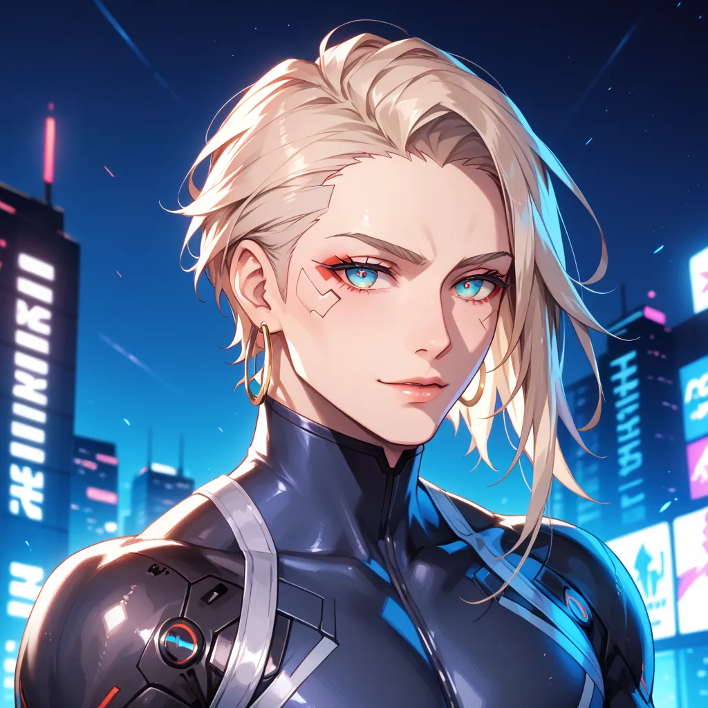 *“Masterpiece, ultra-high-definition, highly detailed, beautiful, anime-style illustration. A tall, slender yet muscular young man with a stylish cyberpunk aesthetic. He has short platinum blonde hair, striking large double-lidded eyes with vibrant blue ir...