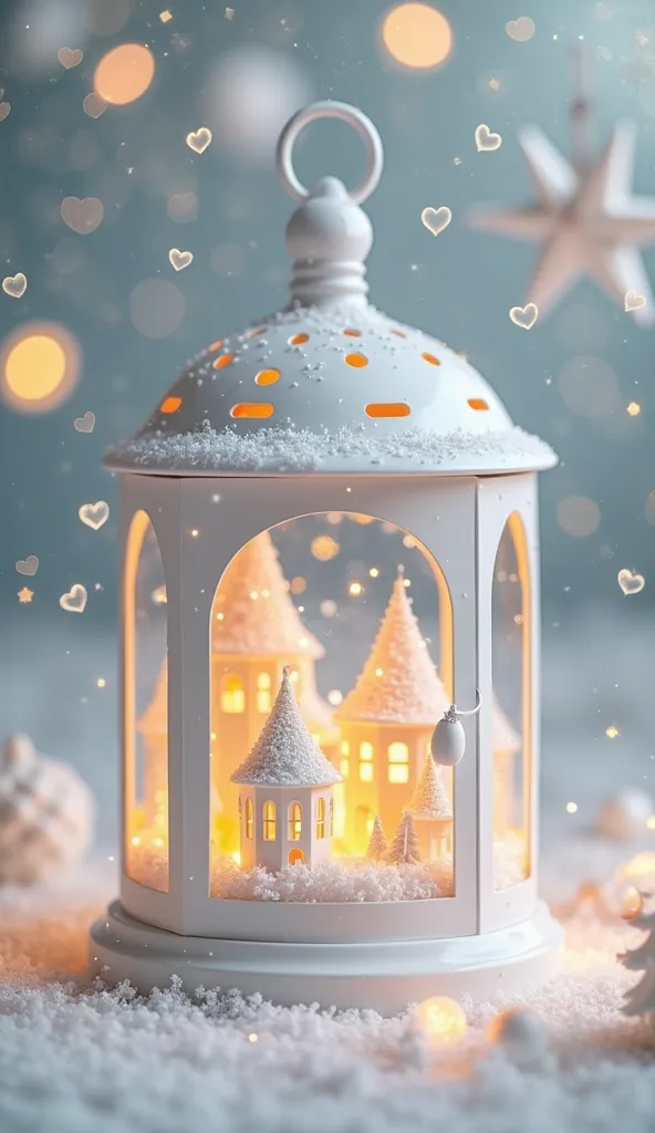 The lantern holds a charming little city within, a picturesque town glowing with warmth and wonder. The lantern and its surroundings are pure white, complemented by delicate white hearts that add a touch of whimsy. The background shimmers with a dazzling g...