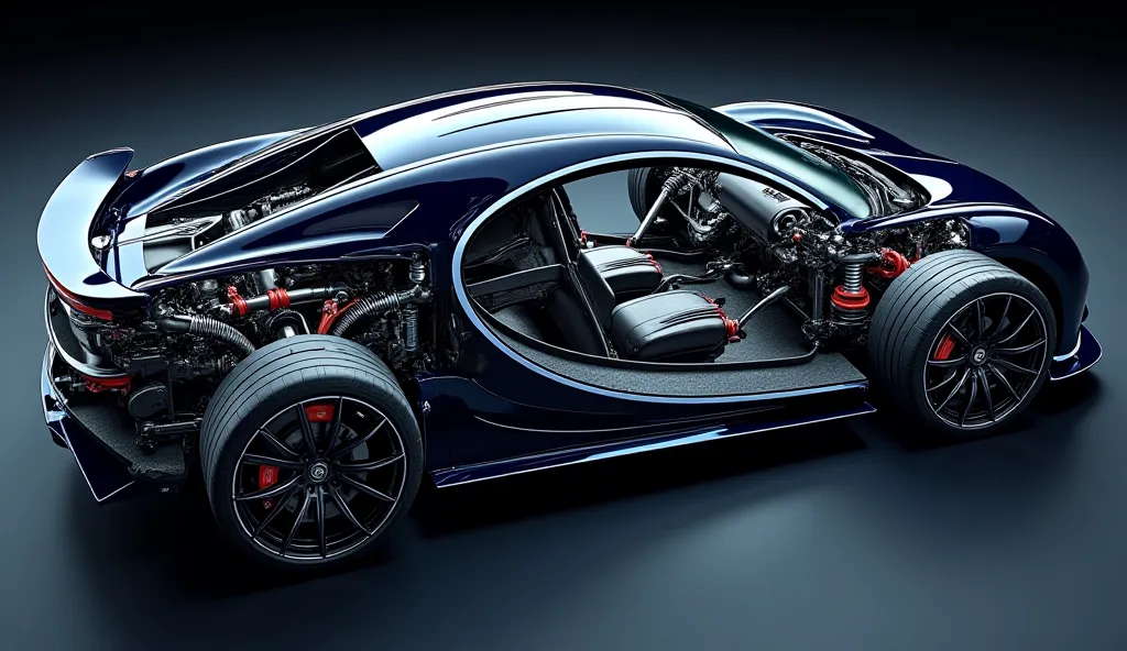 "A detailed underbody view of the 2025 Bugatti Chiron, showcasing its advanced suspension and carbon-fiber monocoque chassis. The adaptive suspension system, with high-performance shock absorbers and titanium components, is visible along with the aerodynam...