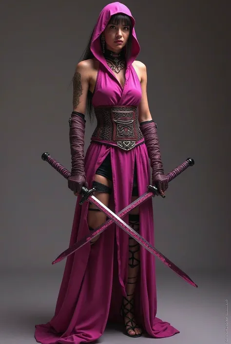 in realistic human style, Make a feminine costume of the character Mileena from Mortal Kombat, photos at different angles, The woman must be standing in a fighting position with the short swords I stretch 
Sai blades , the clothes must be the same as the o...