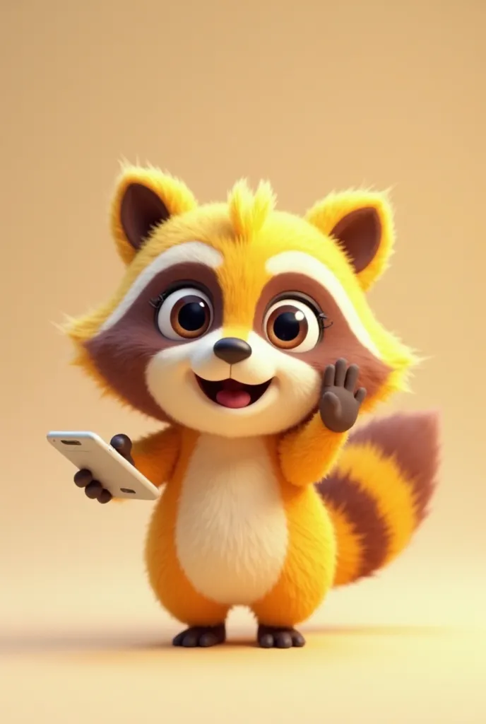 A 3d cartoon  raccoon， A chibi-style raccoon game character, the raccoon is yellow with brown eyes, one hand is greeting, the other hand is holding a mobile phone