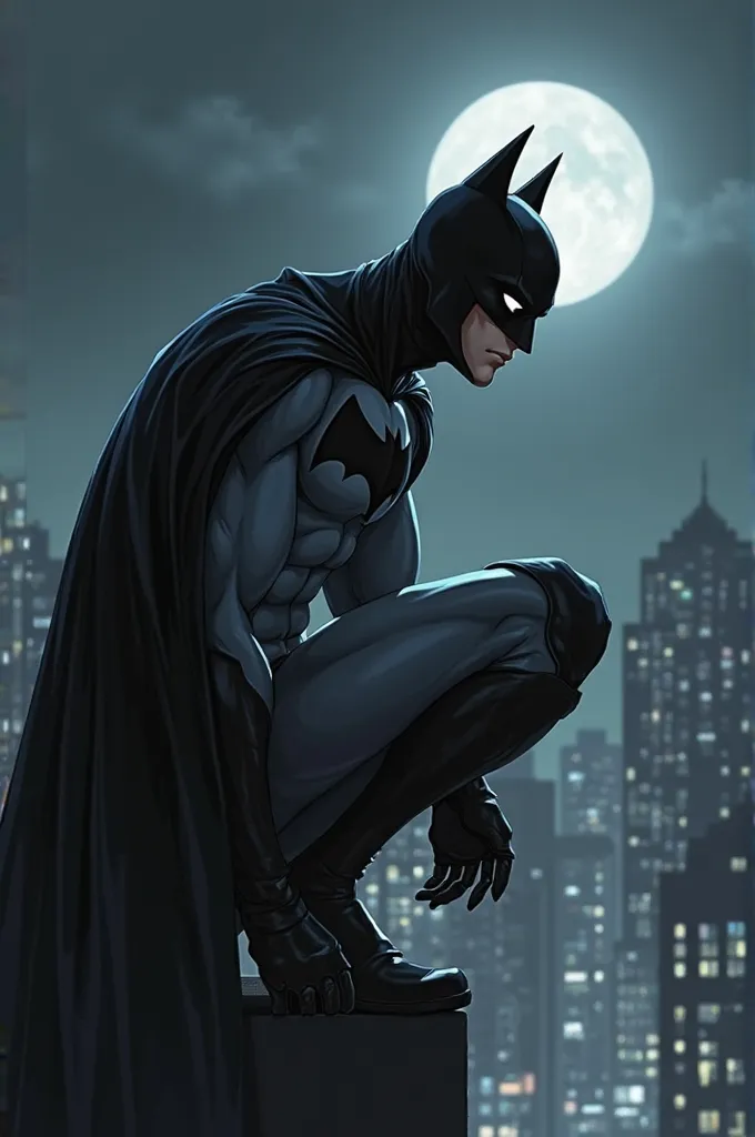 A high-quality anime-style illustration detailed, with a dark color palette and dramatic lighting. A male character in profile, strong and with a slightly light skin tone, is crouched on top of a building. He wears a full Batman costume in black tones of g...