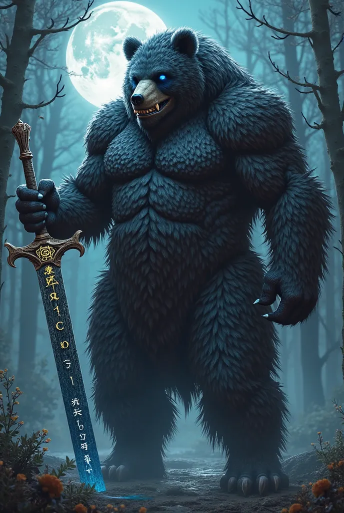 create a hybrid between a minotaur and a bear, without horns, with the body of a man with body hair, at night, with eyes that glow dark blue, Holding a sword with elvish rubrics, without horns