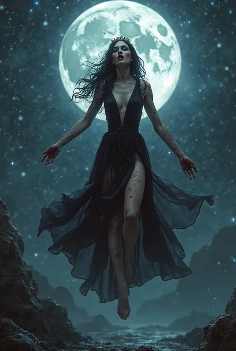 A vampire wearing one piece and blood stained all over the dress,long wavy hair, wearing high heels, showing vampire teeth, bright eyes, have a crown  ,background of full moon and starry sky , levitating in air, 