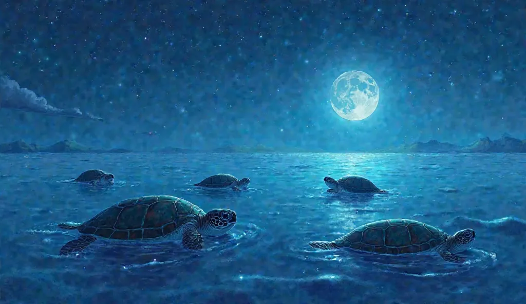 Sea turtles sleeping in the anime-style night sea