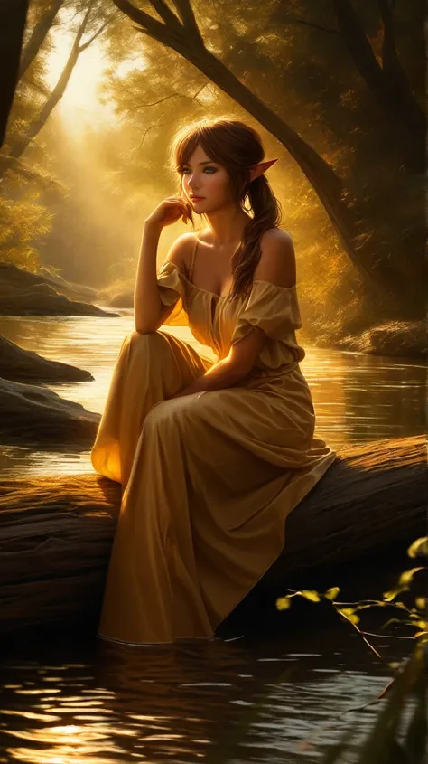 Young adorable and beautiful slender wood elf female with soft facial features and tanned skin, long curly brown hair pulled up into a ponytail, enchanting seductive amber eyes, blushing cheeks with a soft smile, sitting in a log next to a river wearing no...