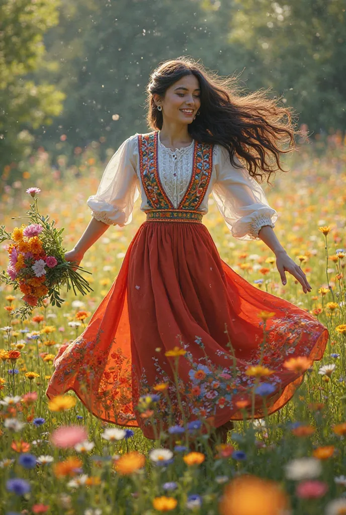 A girl in a Ukrainian embroidered shirt is dancing with a bouquet of flowers in a flower meadow