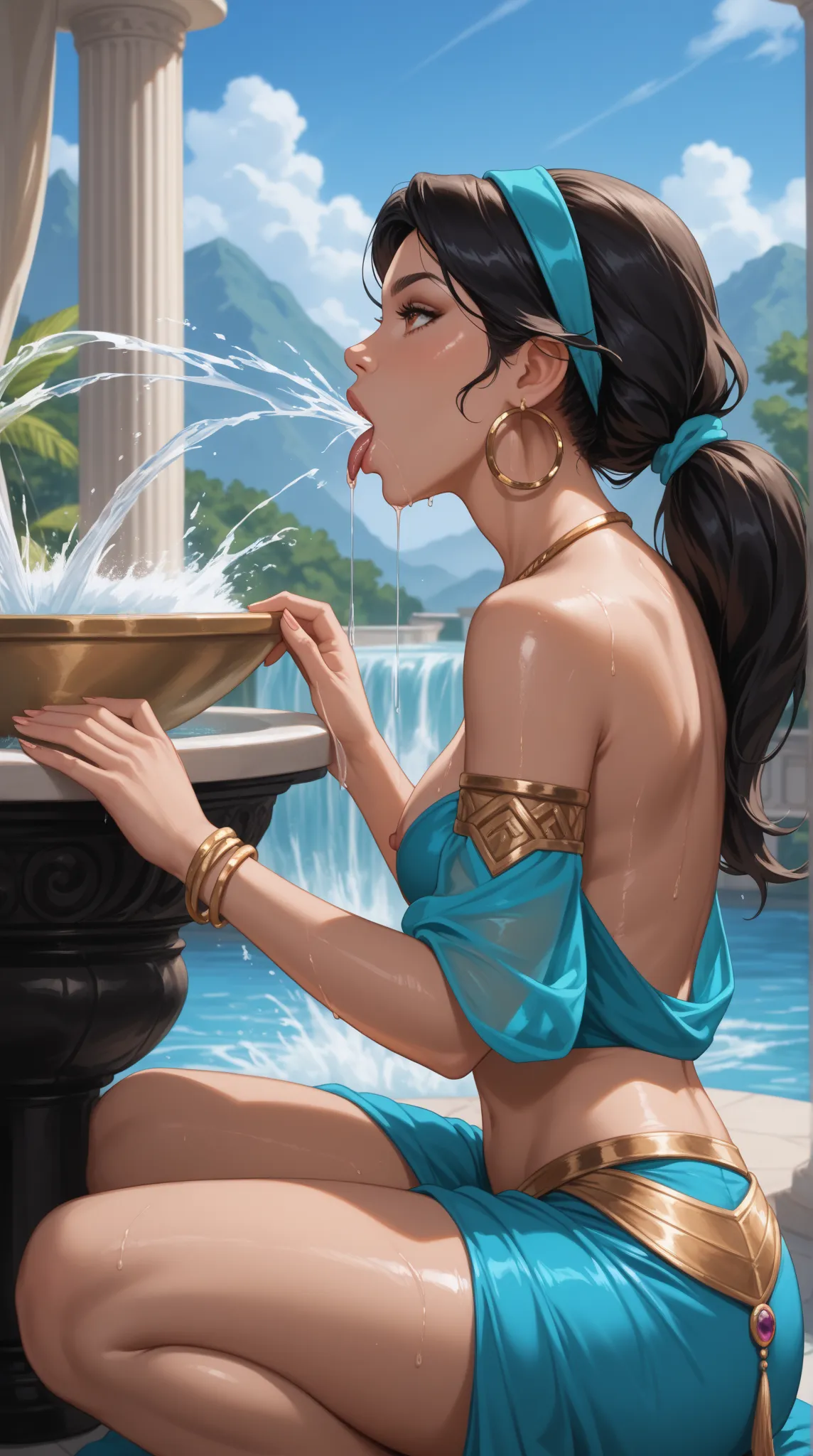 Princess Jasmine has long, thick, jet-black hair, styled in a low ponytail or loose waves with a blue headband adorned with a gemstone. Tongue sticking out and drooling, sits on her knees and deep throat the dick, a huge and fat man with very huge dick sta...