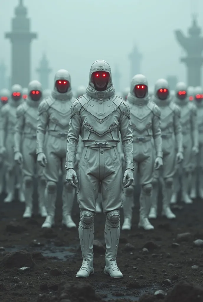 4k, masterpiece, science fiction, military formation, albino soldiers with cybernetic implants,  night, fog, red eyes, shades of gray in the scene, dark and apocalyptic background 