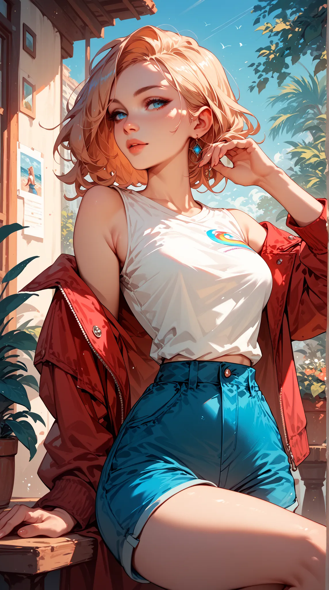 White Sleeveless T-shirt， blue shorts ， Red Jacket ， strapless， sexy body on your upper body，attractive woman，Mobile Paintings，Curved waist，moving drawing on your hand，background is outdoor，Stunning，highest resolution