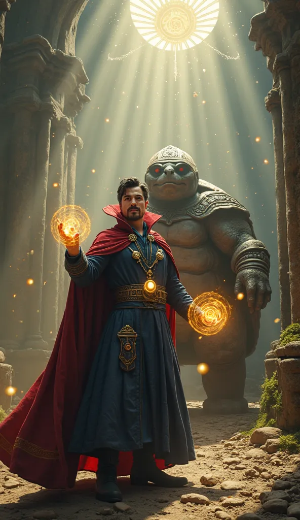 An epic cinematic scene showing a powerful wizard, inspired by Doctor Strange, when side of an imposing turtle in a mystical setting. The wizard wears a dark blue cloak finely embroidered gold, its iconic Levitation Cloak flutters lightly in the wind, and ...