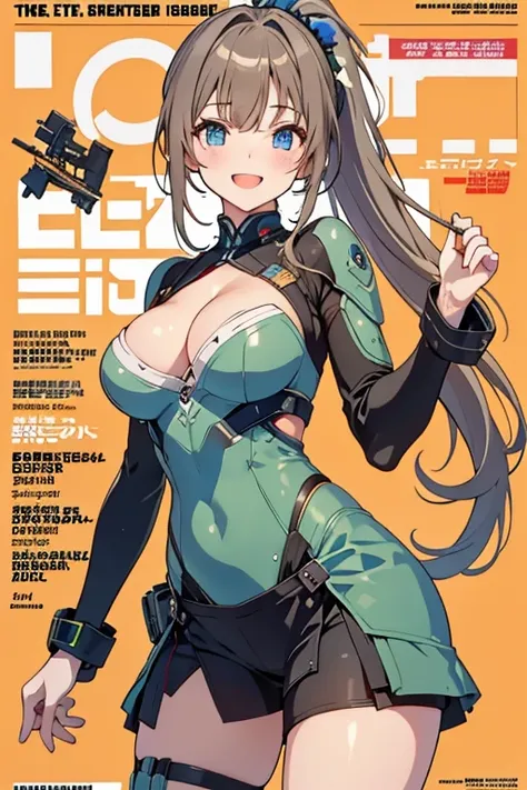 (from below:1.2, best quality ),1girl, solo, perfect, best quality, masterpiece, beautiful, pretty,female orbital drop shock trooper, green combat suit, futuristic body armor, large breasts, cleavage, cargo pants, long brown hair, ponytail, blue eyes, tact...