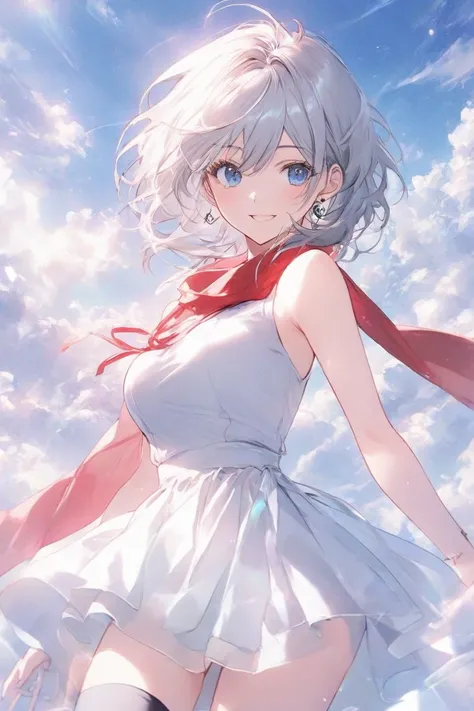 A young woman (19-23 years old, university student) in an ultra-high-quality anime illustration style. She has short silver-gray hair above her shoulders with a delicate blue gradient at the tips. Her hair is neat and smooth, giving off an intelligent and ...