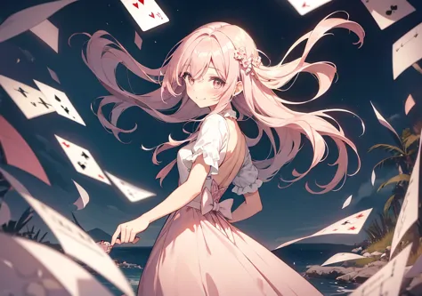 A girl in a pale pink dress is looking to the side, gazing at the heart card in her hand. Her elegantly flowing hair is blowing in the wind, and the heart playing card shines in the background. She is smiling, as if she is waiting for someone