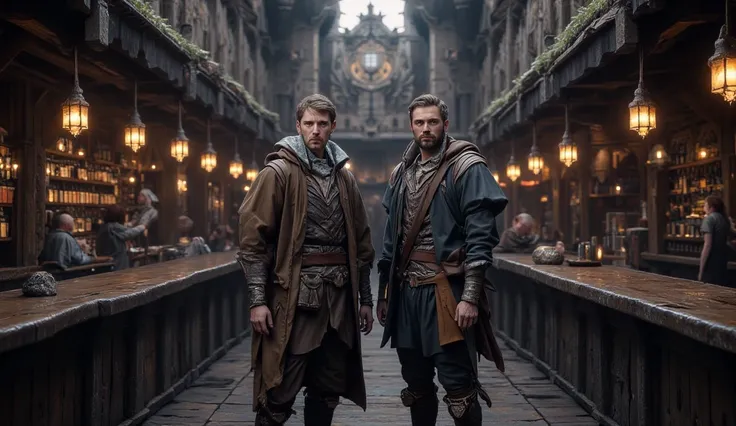 Medieval castle bar. Two couriers stand in the yard with their faces towards the camera. Closeup.