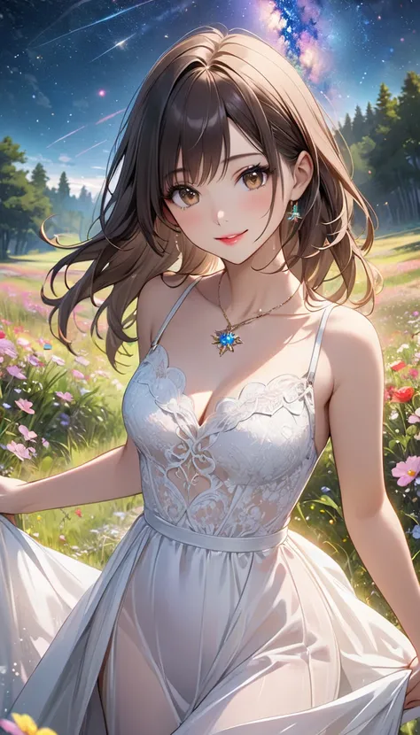 (masterpiece, Best Quality, 8k, Hi-Res), 1 young woman, beautiful face, thin, slender, long, beautiful brown eyes, pink lips, Beautiful Nose, Brown-black long hair , Perfect face , perfect style, smile,  best anime girl , Grassland with forests, walk, Colo...