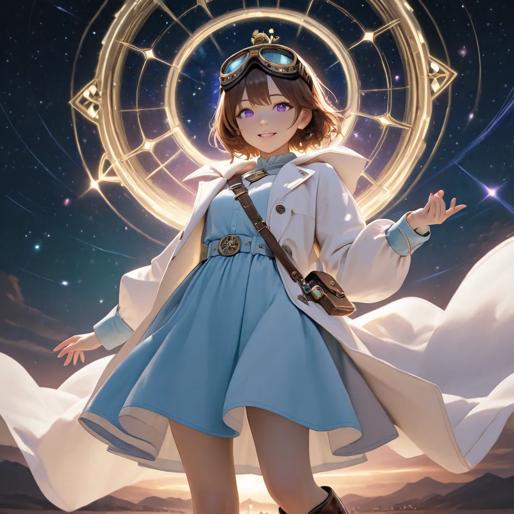 top quality,Space background,A beautiful girl with brown hair and purple eyes wearing a coat and leather boots wears goggles on her head and has a huge compass above her head