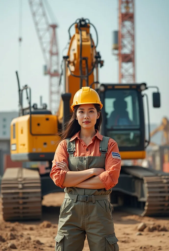 create photo for 8 march woman day, using construction equipment XCMG,create phoro for 8 march, using construction equipment