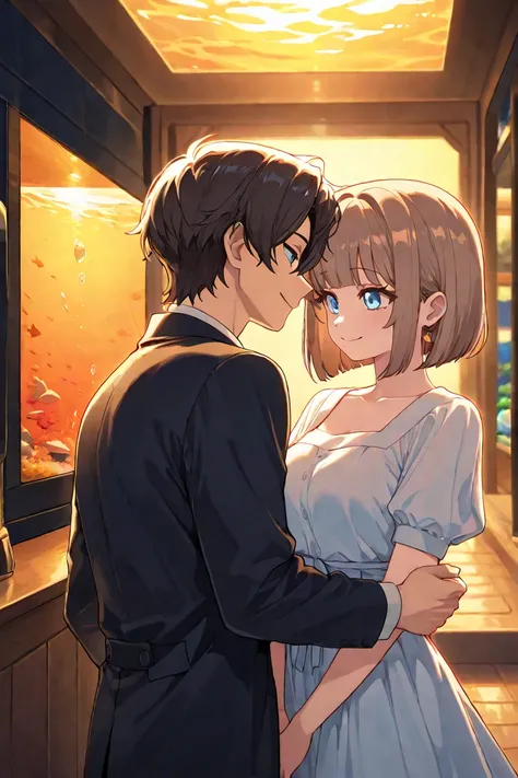 happy smiling male and female couple dark haired boy light brown and bob cut girl aquarium date light blue eyes 