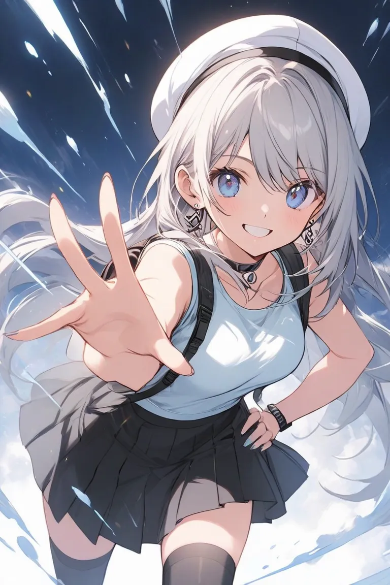 A young woman (19-23 years old, university student) in an ultra-high-quality anime illustration style. She has short silver-gray hair above her shoulders with a delicate blue gradient at the tips. Her hair is sleek and smooth, lightly flowing, emphasizing ...