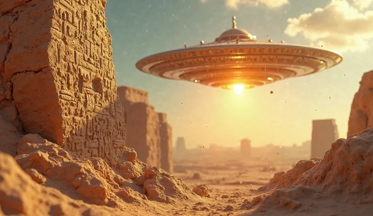 Realistic sci-fi 3D style: Ancient Sumerians carve cuneiform tablets depicting a glowing orb descending from the heavens. A saucer-shaped craft hovers above ziggurats.
• Color palette: Sandstone tablets, gold alien craft, azure sky.
• Lighting: Desert sunl...