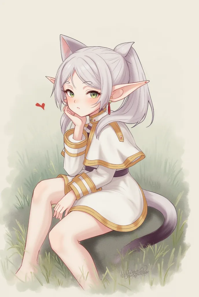 Frieren with cat's ears and tail with a tender pose