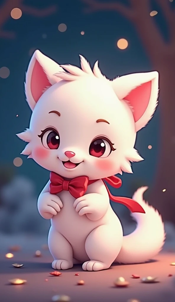 Fantastic Night World 、A cute fluffy Airou、
red ribbon on the tail、
 cartoon 、3D Animation