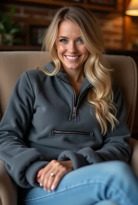 

This is an close up picture of a woman wearing a dark-grey half zip lined cozy  winter-jacket, zipper down,and a belly pocket accented by a horizontal zipper.She has long blonde hair styled in loose waves, her blue-grey eyes, and lovely smile gives her a...