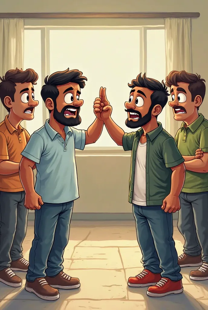 several men are standing in a room and one is giving a high five, a cartoon by Odhise Paskali, instagram, happening, they are fighting very angry, dancing in the background, malayalis attacking, he is dancing, school class, in a fighting stance, fighting s...