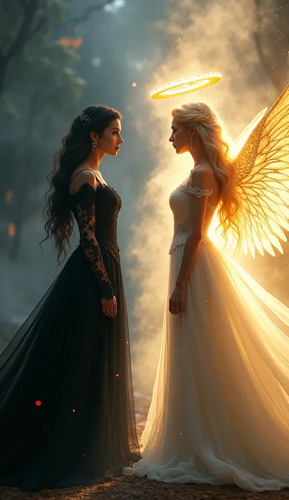 "A dramatic fantasy scene featuring two opposite princesses standing apart, facing each other. On the left, a dark gothic princess with flowing black lace dress, deep red glowing eyes, and dark mist swirling around her. She has raven-black hair, sharp eleg...