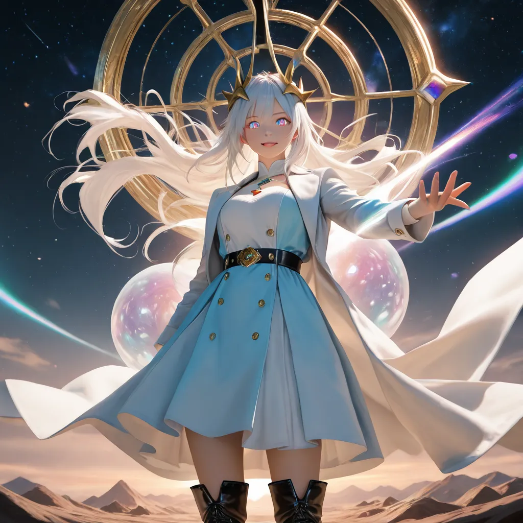 top quality,Space background,A beautiful girl with white hair in a coat and leather boots with rainbow-colored eyes wearing goggles on her head and a huge compass on top of her head