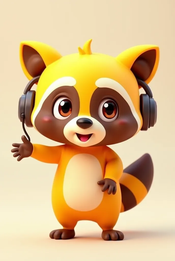 3D cartoon raccoon, a chibi style raccoon game character, the raccoon is yellow with brown eyes, one hand is saying hello, the other hand is holding a mobile phone, and there are headphones on the ears,