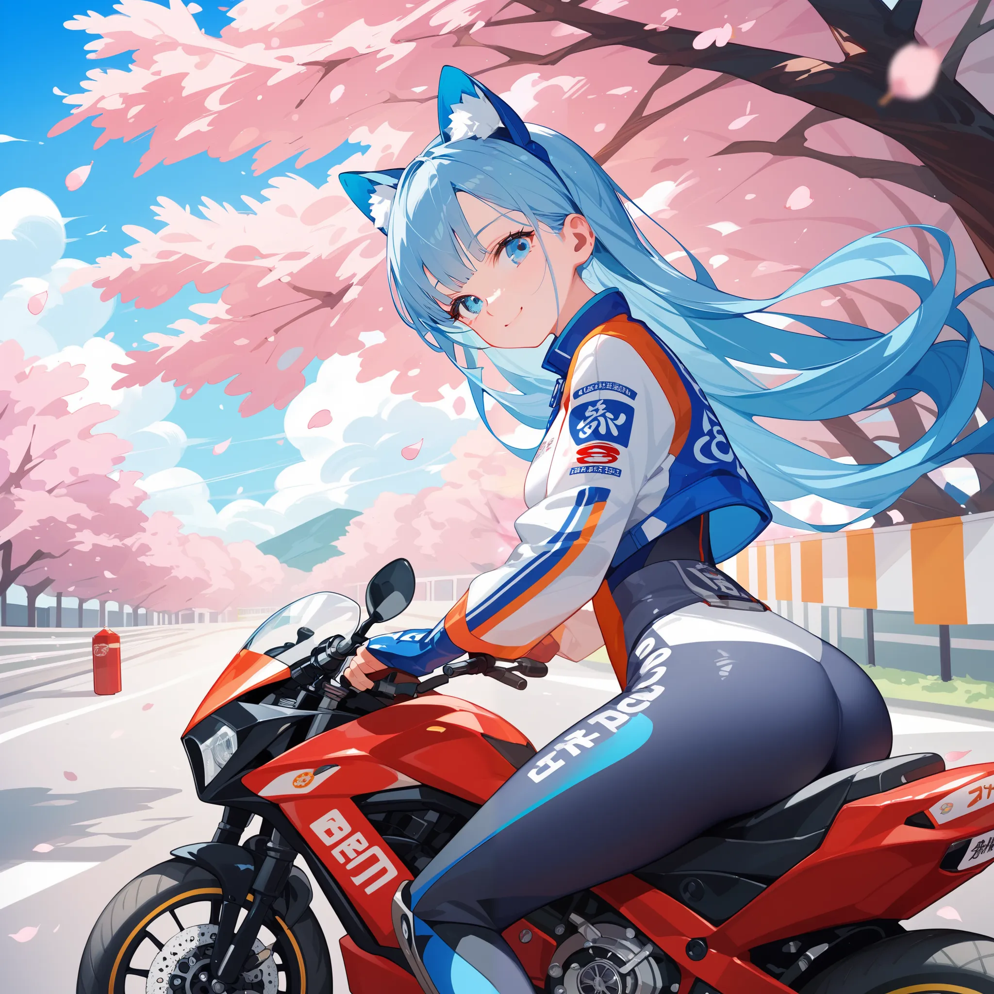 A 20-year-old cheerful girl，with short fluffy light blue hair，Dressed in college style，She is sitting on a racing motorcycle， background is a city ，cherry blossom trees in full bloom，The sky is bright blue， with fluffy white clouds floating on it ，The warm...