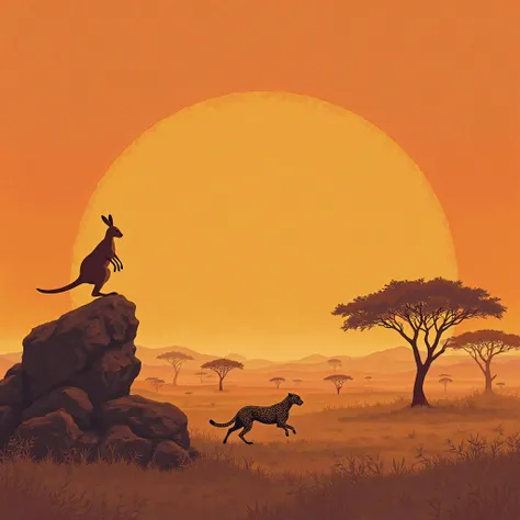 "Create a vast, dry savanna where a cheetah and a kangaroo coexist. The cheetah should be sprinting across the landscape, while the kangaroo watches cautiously from a nearby rocky outcrop. The background should have sparse trees, patches of dry grass, and ...