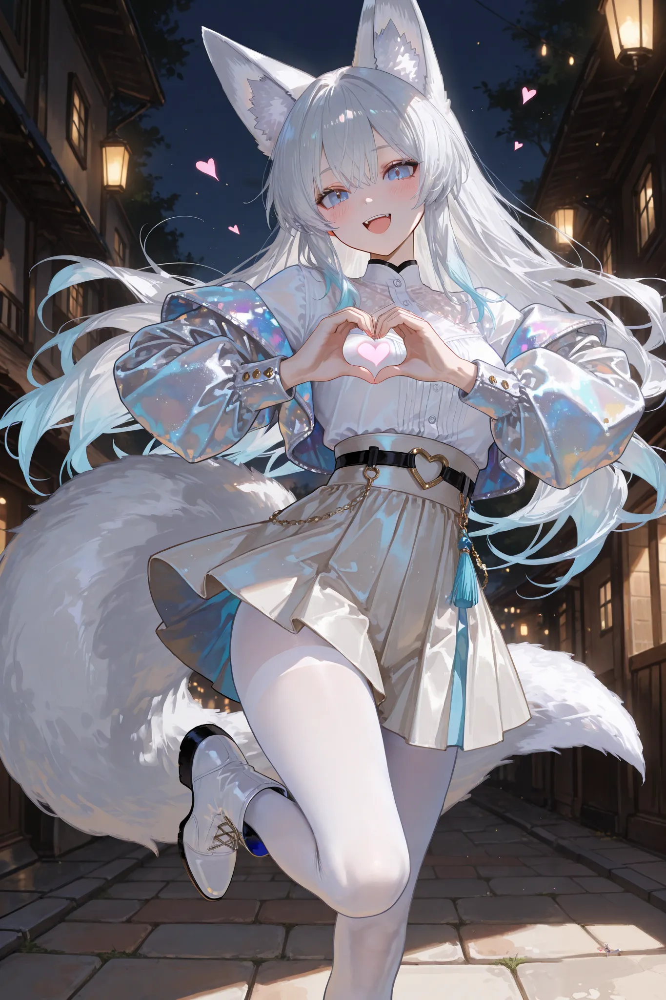 masterpiece, best quality, amazing quality, very aesthetic, high resolution, ultra-detailed, absurdres, newest, 
outdoors, country town, (celebration:1.1),  
solo, 1woman, 18 years old, (silver-blue eyes), silver long hair, silverwhite fox ears, silverwhit...