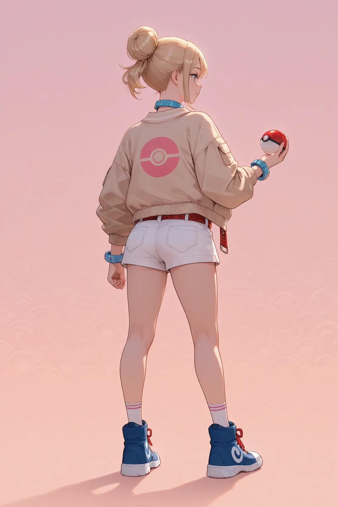 (taunie, pokeza), (blonde hair, single top bun ponytail, pink highlights, short hair,), (red crop top, oversized jacket, bracelet with pokeball symbol, beige jacket, blue collar and blue cuffs jacket, two flap pockets, red belt with circular buckle, white ...