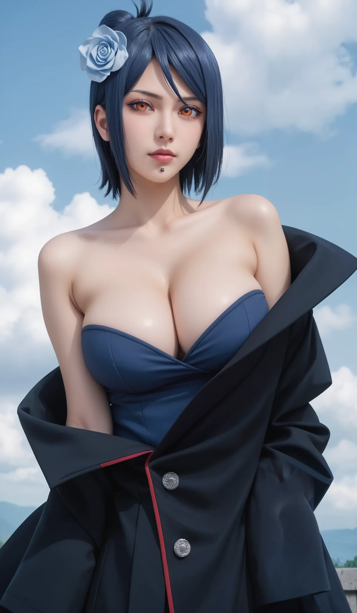 Konan akatsuki,
grayish orange eyes with a sharp gaze.
Dark blue hair, short shoulder length with white paper flower accessory on the right side.
Black Akatsuki coat off the shoulder.
Calm aura, cold gaze, but there is a hidden tenderness.
Background Dull ...