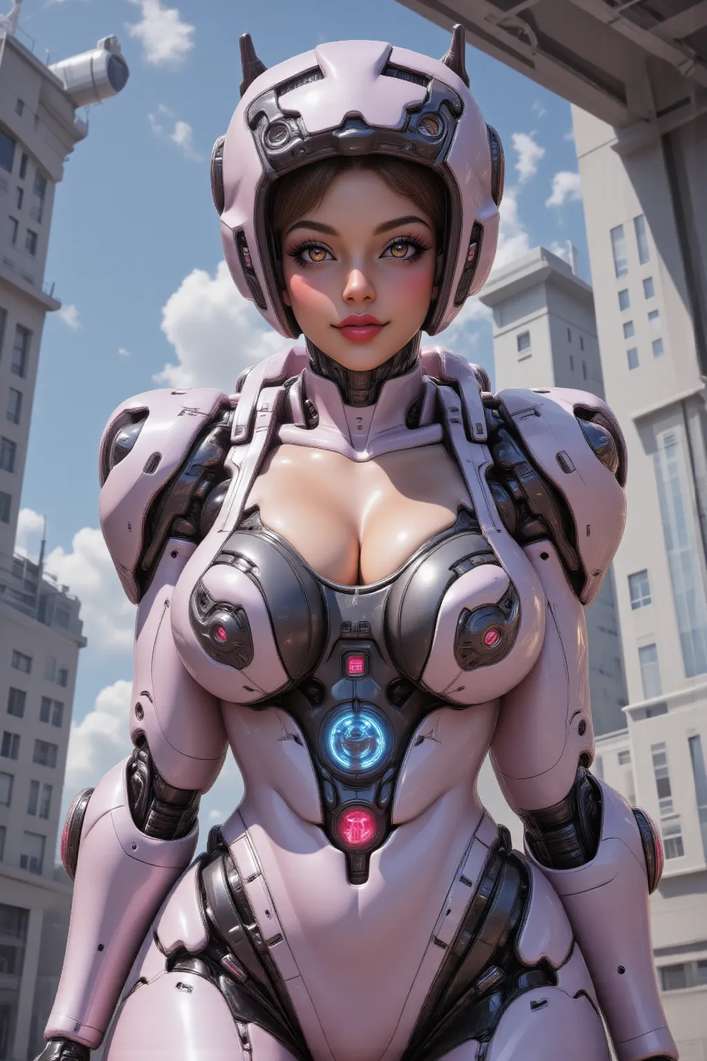 A beautiful young hyper-feminine hyper-curvy hyper-busty [hyper-retro|hyper-futuristic] woman with a perfect curvy body and massive cleavage, detailed face, detailed eyes, detailed lips, detailed chest, highest quality, masterpiece, hyper-realistic, extrem...