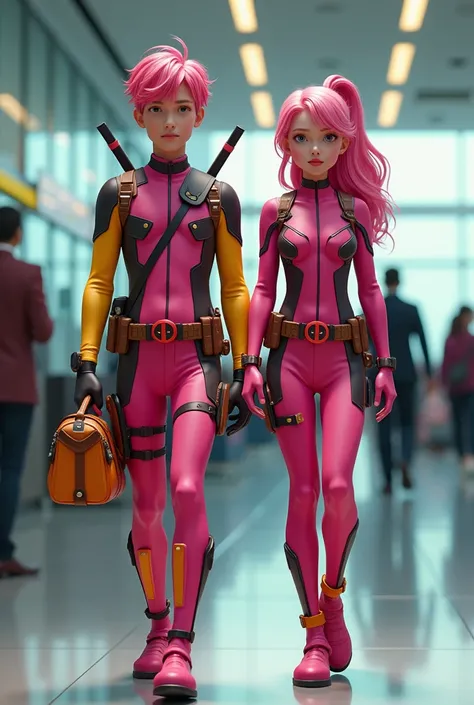 A handsome  boy,pink hair ,wearing a pink yellow combination deadpool costume dan seorang anak remaja perempuan cantik umur 15 tahun,pink-haired,wearing a pink yellow combination deadpool costume,  is walking along ,airport room background,A middle-aged ma...