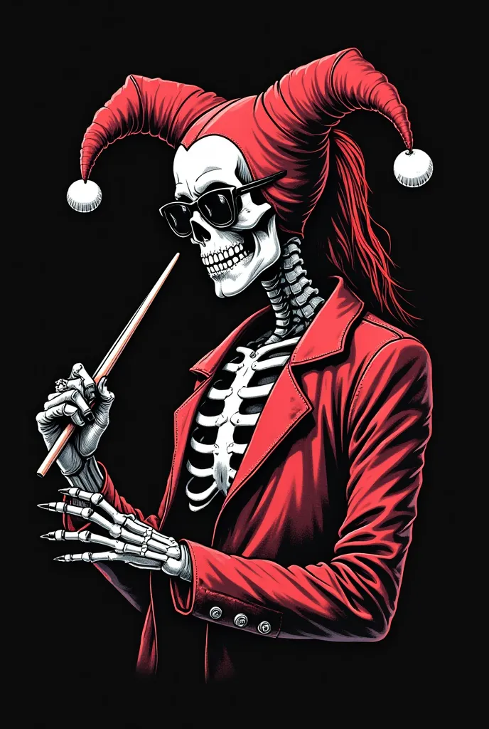 Logo for a rock band/Metal call "Yesters" with a Harlequin skeleton metalhead drummer, Only with the battery chopsticks (drumsticks), Long hair tied with ponytail, black glasses, ear piercings, Chin only on the pear, on black background, including the name...