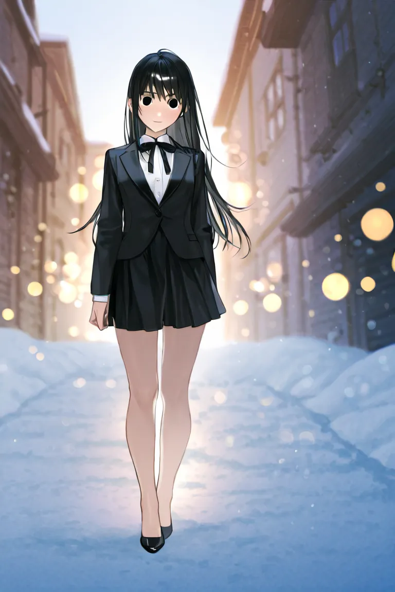 In a Snowy Landscape、Full Body Portrait of a Beautiful Girl Staring at Me with Shyness、 Exquisite Faces 、Round eyes、Faint Flushing Cheeks、small mouth 、Elegant look、Lonely Atmosphere Surrounded by Snow、Delicate Textures、High Precision、realistic、4K Rendering...